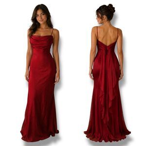 Vintage Y2K Burgundy Formal Evening Gown Waterfall Back Drape Dress S